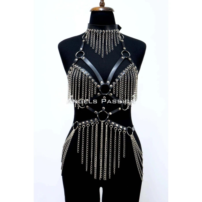 Zincirli Deri Harness, Deri Dansçı Kostüm, Choker Detaylı Deri Harness - Brf1397