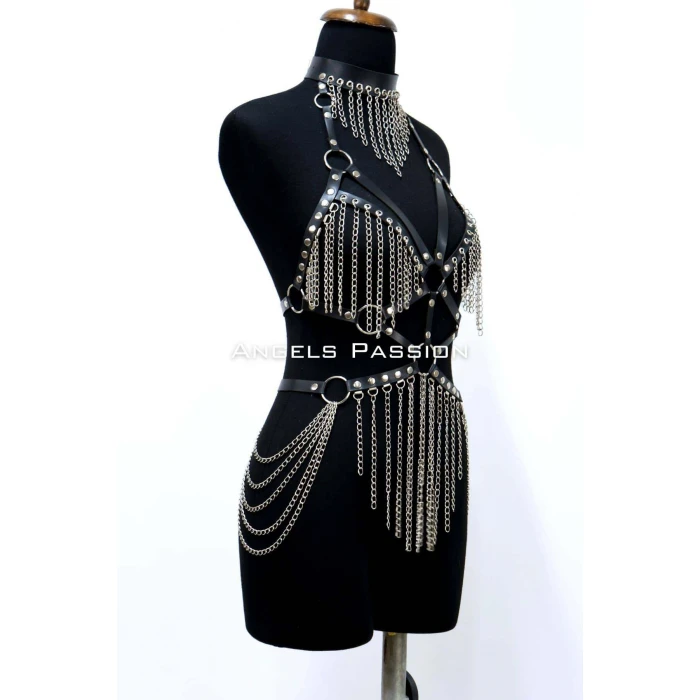 Zincirli Deri Harness, Deri Dansçı Kostüm, Choker Detaylı Deri Harness - Brf1397
