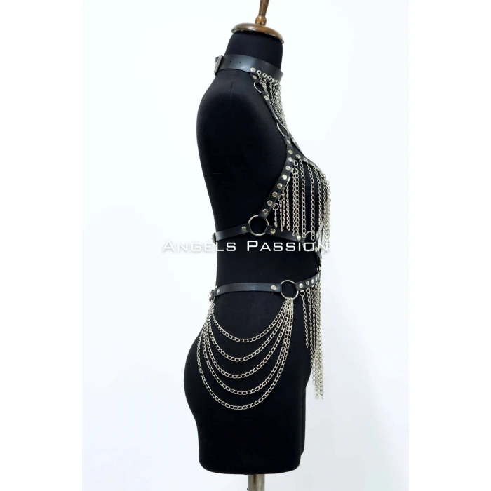 Zincirli Deri Harness, Deri Dansçı Kostüm, Choker Detaylı Deri Harness - Brf1397