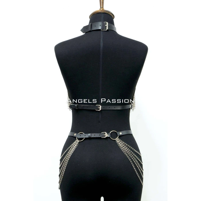 Zincirli Deri Harness, Deri Dansçı Kostüm, Choker Detaylı Deri Harness - Brf1397