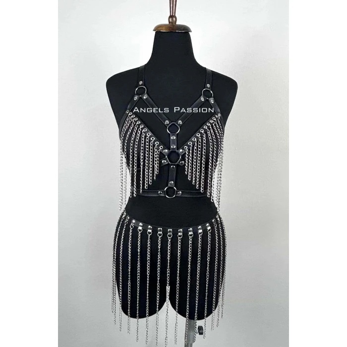 Zincirli Harness Takım, Deri Zincirli Etek Takım - Brf496
