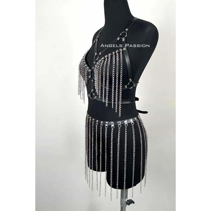 Zincirli Harness Takım, Deri Zincirli Etek Takım - Brf496