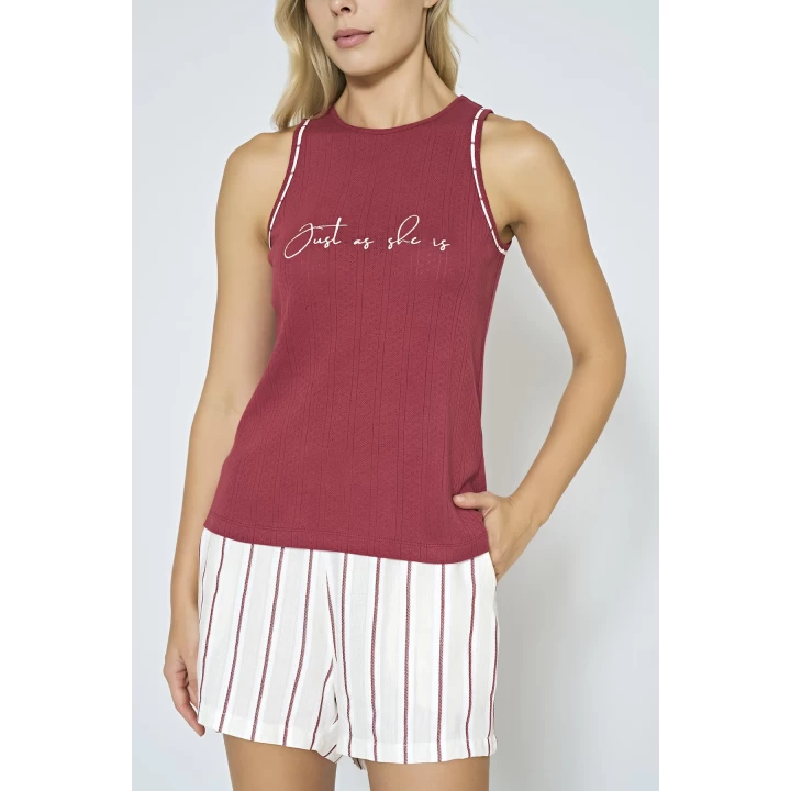 %100 Pamuklu Dokuma Çizgili Şortlu Pijama Takımı