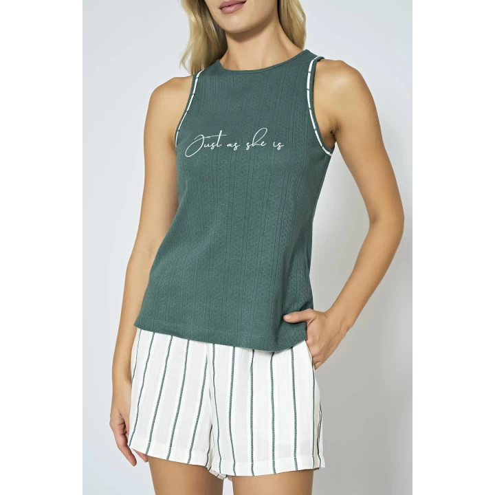 %100 Pamuklu Dokuma Çizgili Yeşil Şortlu Pijama Takımı