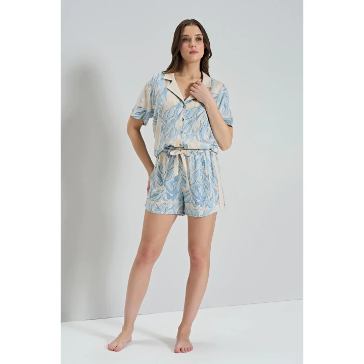 %100 Viskon Dokuma Önden Düğmeli Mavi Şortlu Pijama Takımı