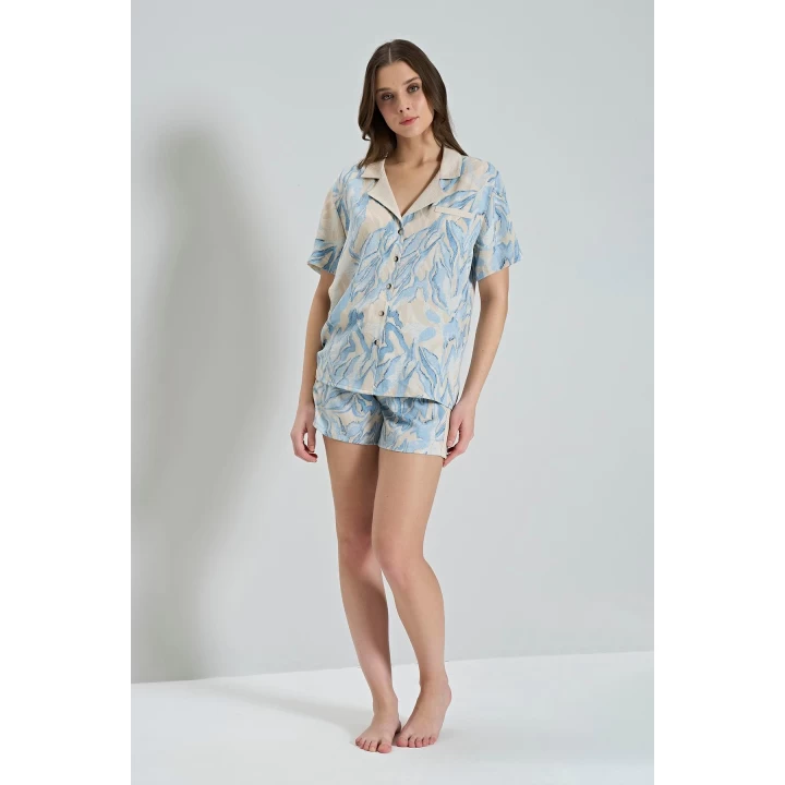 %100 Viskon Dokuma Önden Düğmeli Mavi Şortlu Pijama Takımı