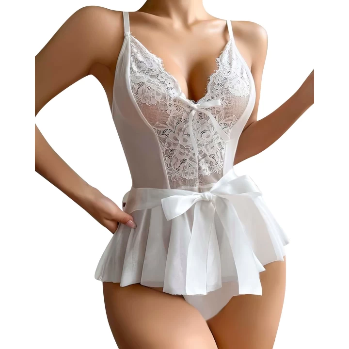 Beyaz Dantel İşlemeli Kurdelalı Fantezi Tül Babydoll