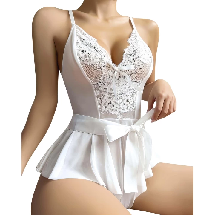 Beyaz Dantel İşlemeli Kurdelalı Fantezi Tül Babydoll