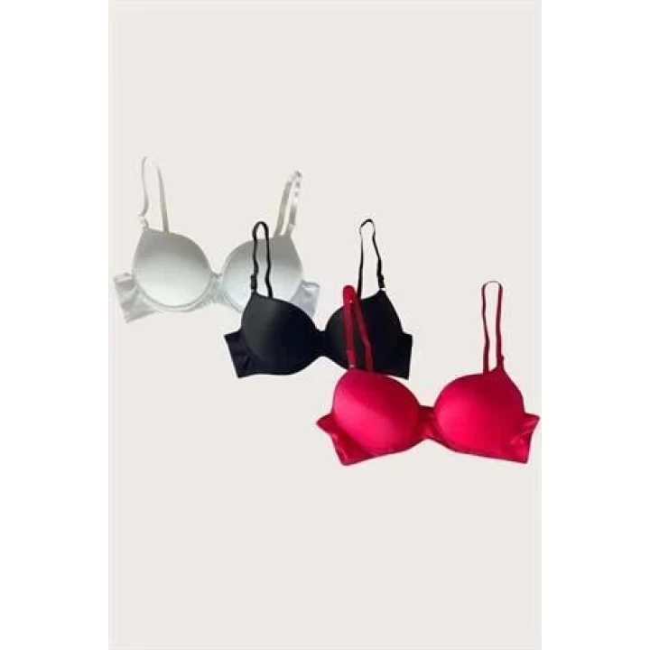 Beyaz-siyah-kırmızı 3lü Mikro Kumaş Push Up Dolgulu Balenli Günlük Destekli Sütyen