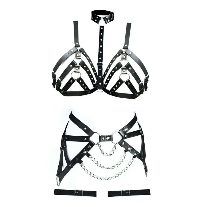 Büyük Beden Deri Fantazi Harness Sütyen Takım - Brf533