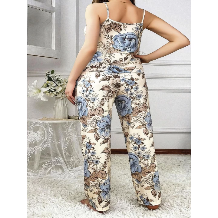 Büyük Beden Mavi Çiçek Desenli İnce Askılı 2li Saten Pijama