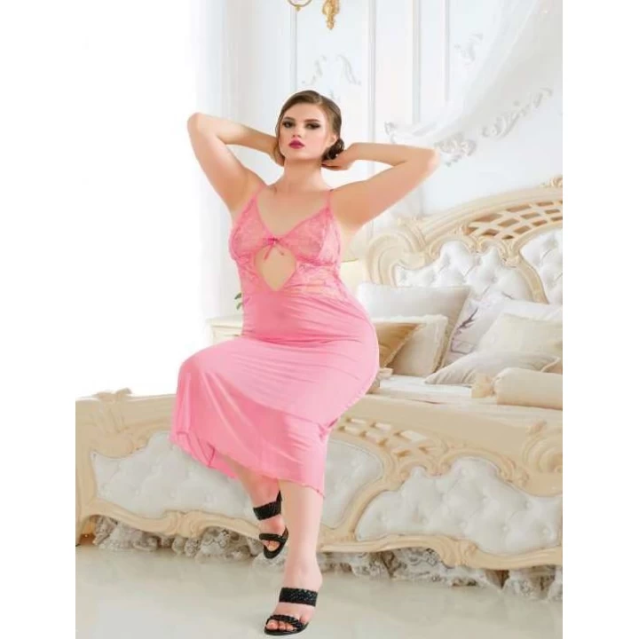 Büyük Beden Pembe Dantelli Tül Fantezi Uzun Gecelik