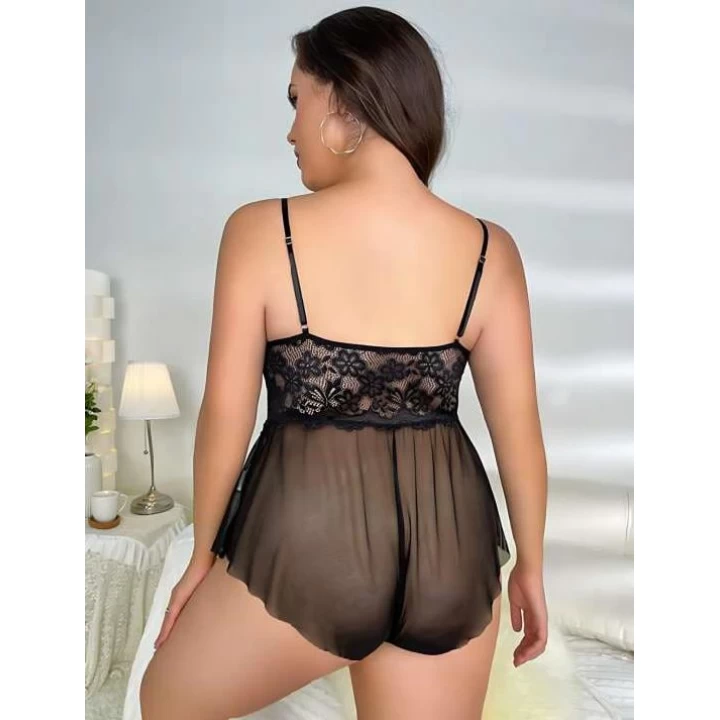 Büyük Beden Siyah Dantel İşlemeli Fırfırlı Fantezi Babydoll