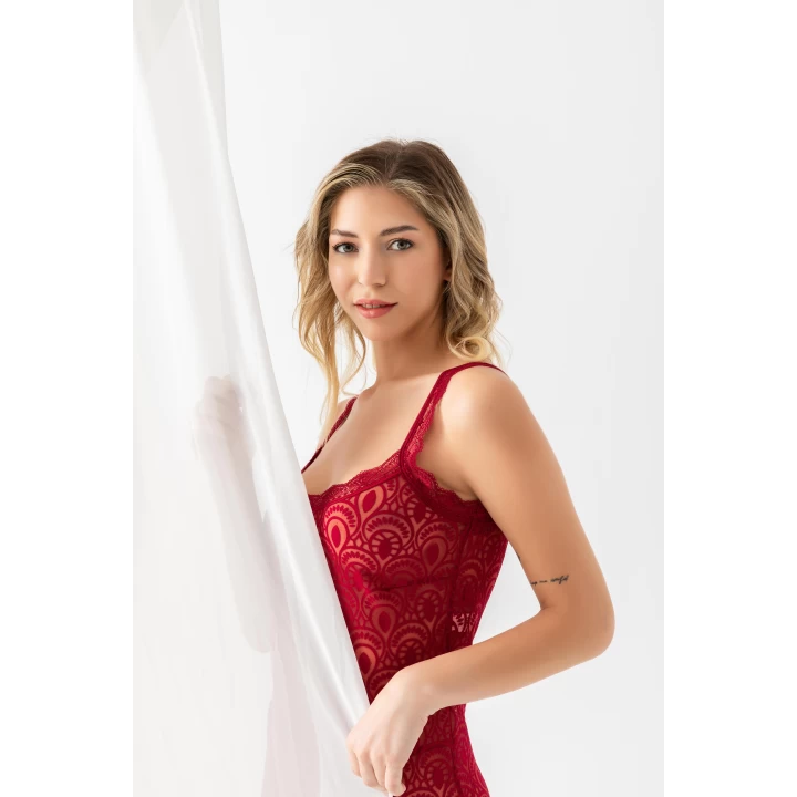Devore Transparan Babydoll String Takım Bordo (31842)