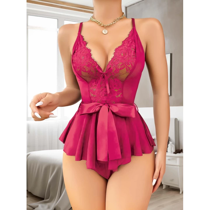 Fuşya Dantel İşlemeli Kurdelalı Fantezi Tül Babydoll