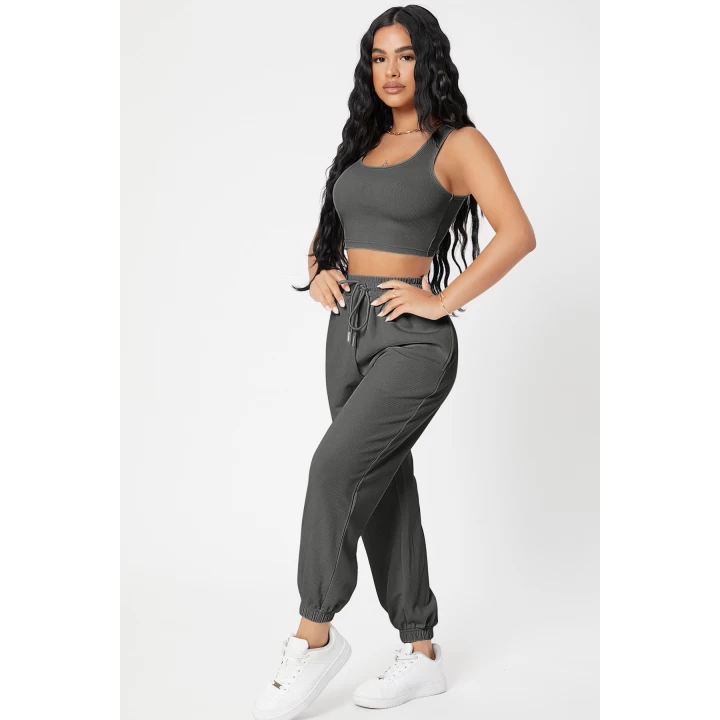 Kadın Antrasit Gri Kaşkorse Cepli Jogger Eşofman Altı ve Crop Top Bluz