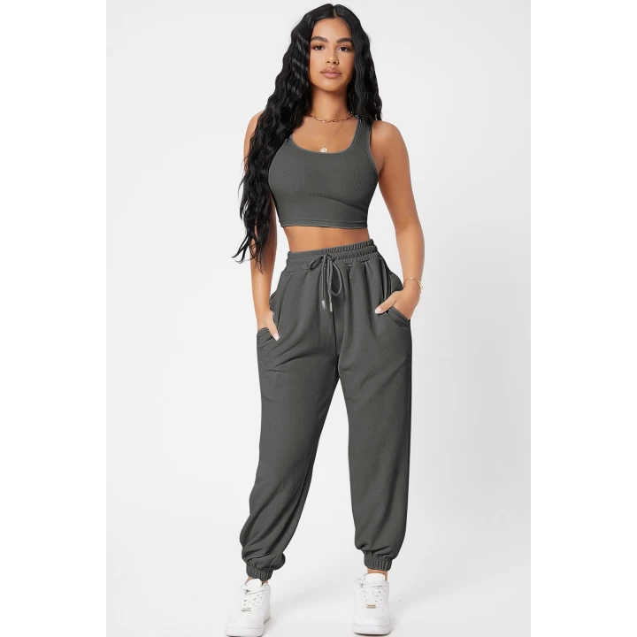 Kadın Antrasit Gri Kaşkorse Cepli Jogger Eşofman Altı ve Crop Top Bluz
