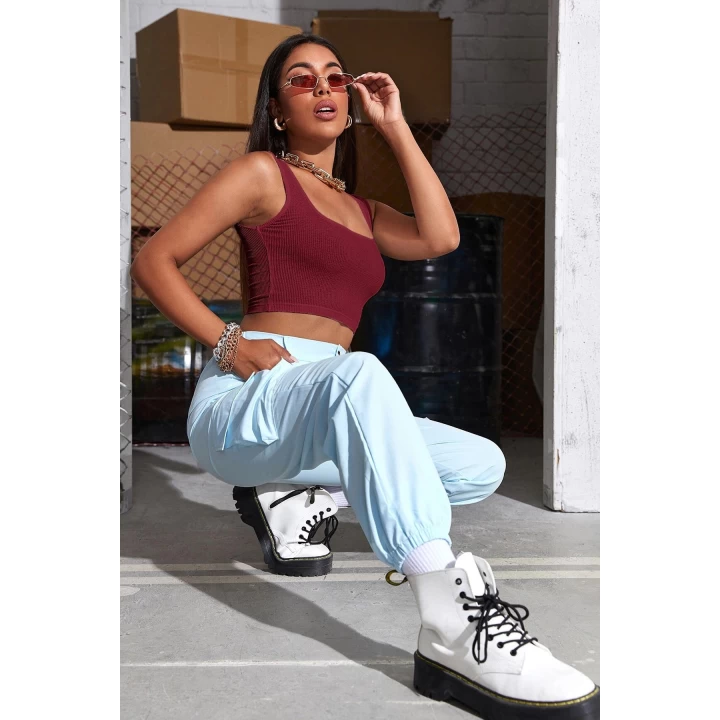 Kadın Bordo Kalın Askılı Crop Top Büstiyer