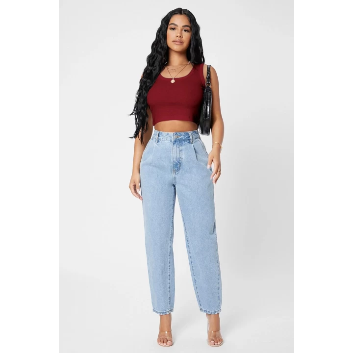 Kadın Bordo Kare Yaka Crop Top Bluz