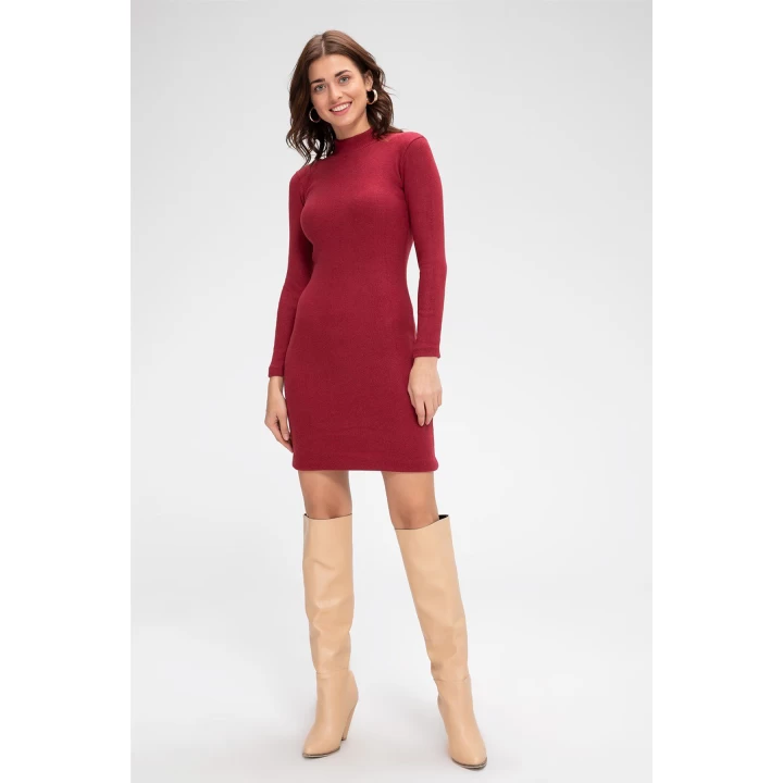 Kadın Bordo Kaşkorse Balıkçı Yaka Uzun Kollu Bodycon Mini Elbise