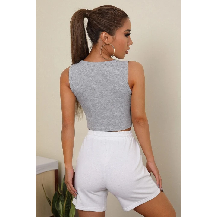 Kadın Gri Kare Yaka Crop Top Bluz