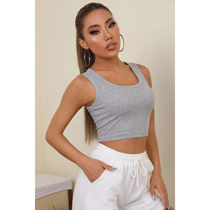 Kadın Gri Kare Yaka Crop Top Bluz