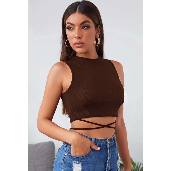 Kadın Kahverengi Çapraz Bağlamalı Crop Top Büstiyer