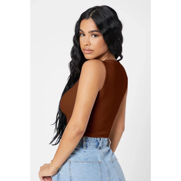 Kadın Kahverengi Kare Yaka Crop Top Bluz