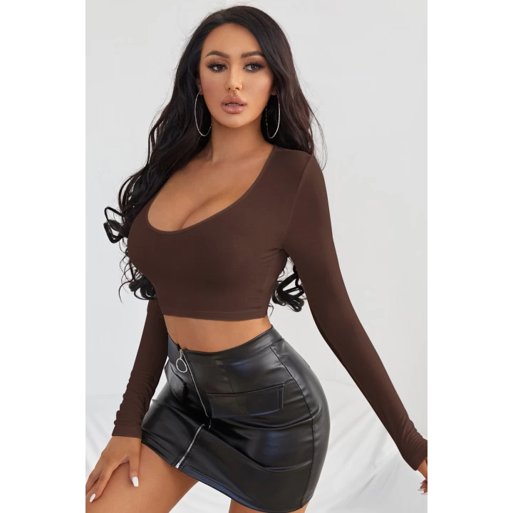 Kadın Kahverengi Uzun Kol Kare Yaka Crop Top Bluz
