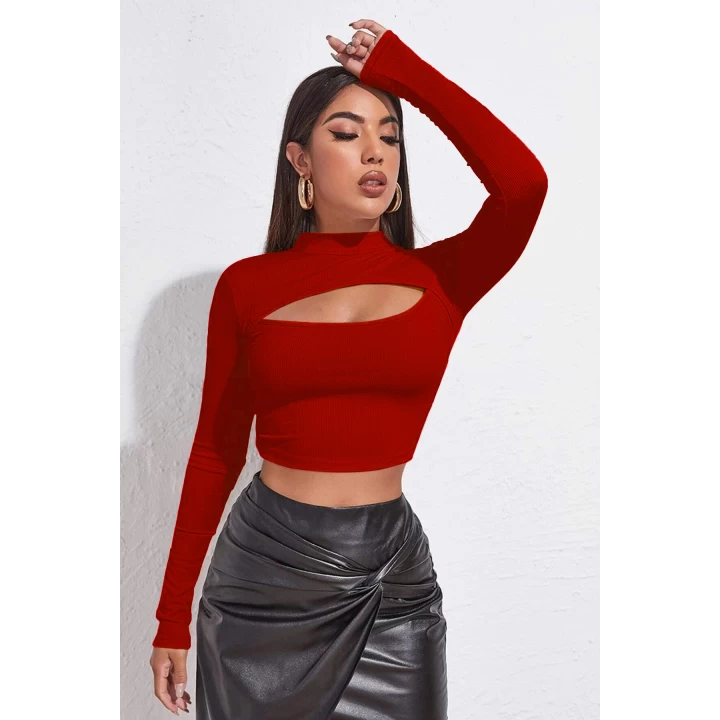 Kadın Kırmızı Göğüs Dekolteli Uzun Kollu Cut Out Crop Top Bluz