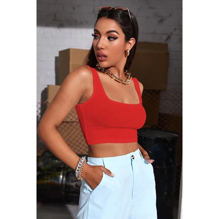 Kadın Kırmızı Kalın Askılı Crop Top Büstiyer