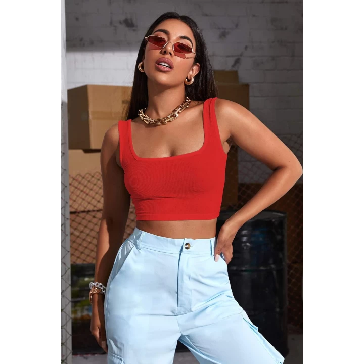 Kadın Kırmızı Kalın Askılı Crop Top Büstiyer