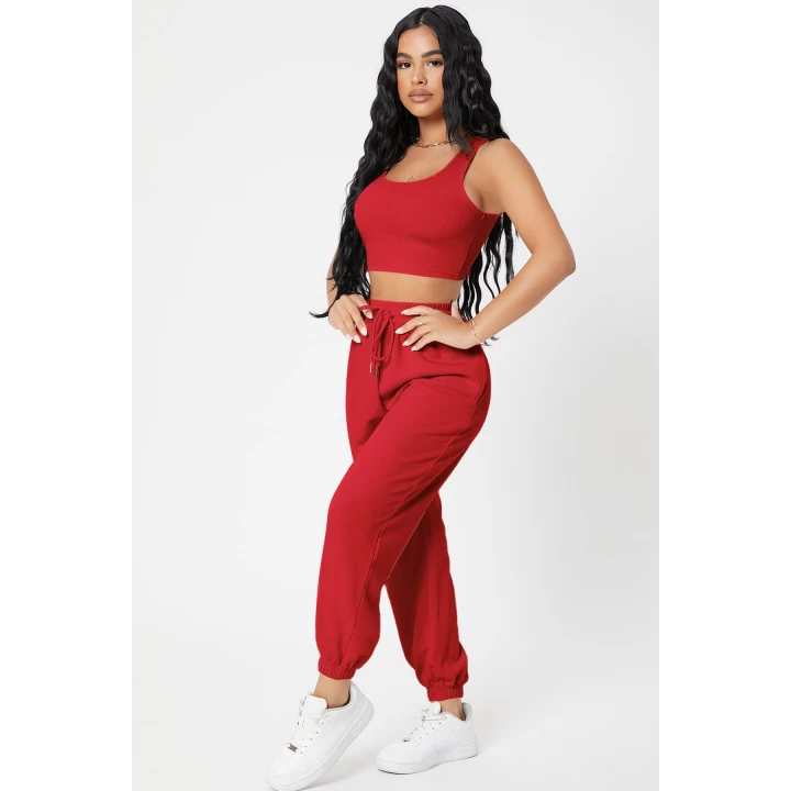 Kadın Kırmızı Kaşkorse Cepli Jogger Eşofman Altı ve Crop Top Bluz