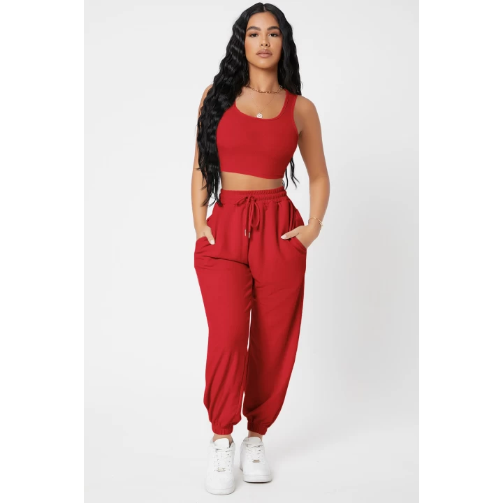 Kadın Kırmızı Kaşkorse Cepli Jogger Eşofman Altı ve Crop Top Bluz