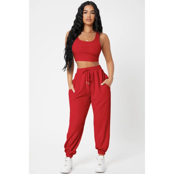 Kadın Kırmızı Kaşkorse Cepli Jogger Eşofman Altı ve Crop Top Bluz