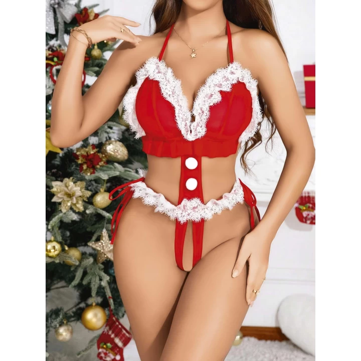 Kadın Kırmızı Yılbaşı Babydoll Sexy Kostüm 8011