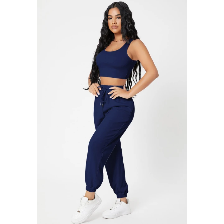 Kadın Lacivert Kaşkorse Cepli Jogger Eşofman Altı ve Crop Top Bluz