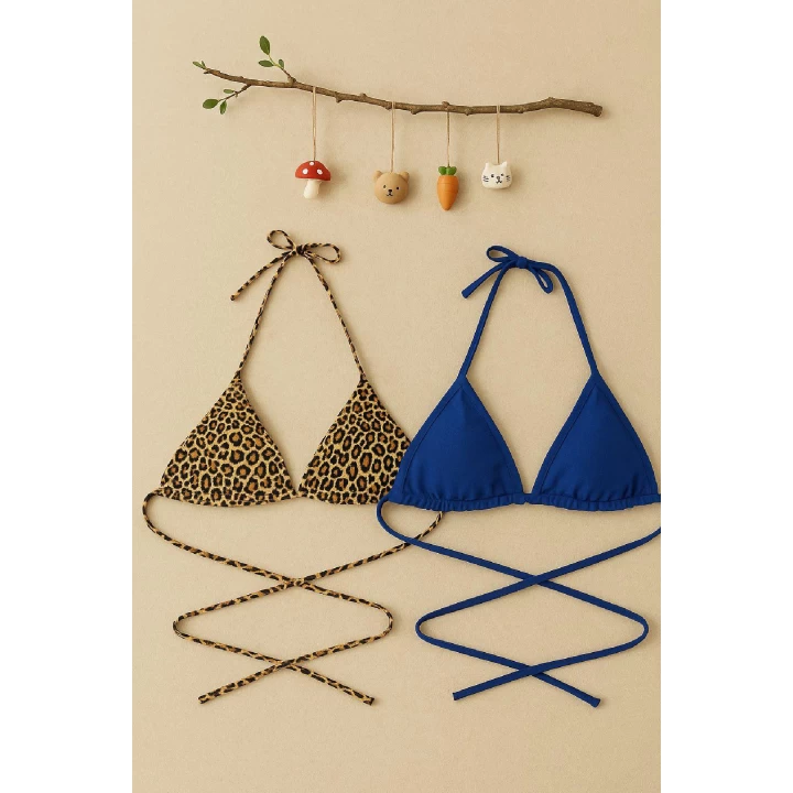Kadın Leopar Desenli ve Mavi Minimal Kesim Üçgen Bikini Üstü
