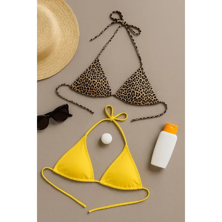 Kadın Leopar Desenli ve Sarı Minimal Kesim Üçgen Bikini Üstü