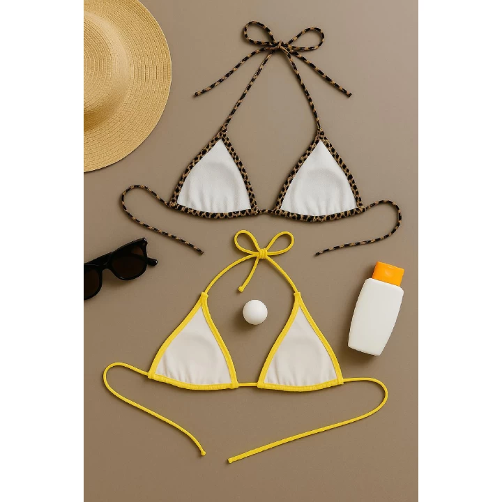 Kadın Leopar Desenli ve Sarı Minimal Kesim Üçgen Bikini Üstü