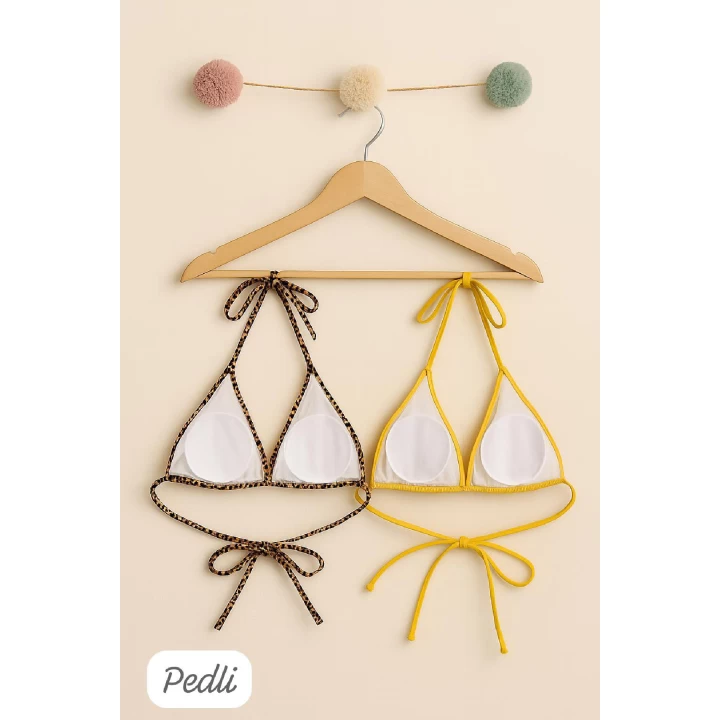 Kadın Leopar Desenli ve Sarı Minimal Kesim Üçgen Bikini Üstü