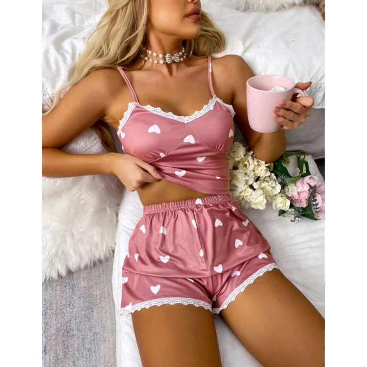 Kadın Pembe Askılı Şortlu Pijama Takım 6653