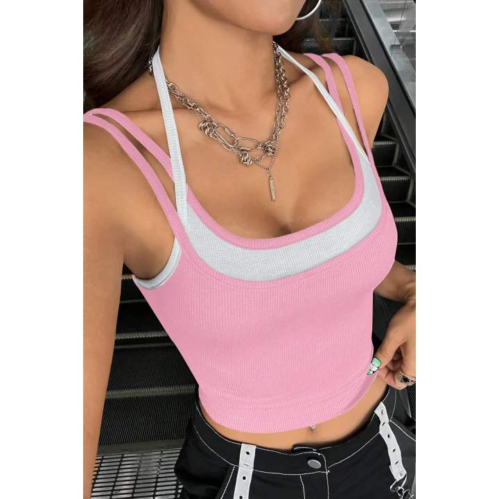 Kadın Pembe Beyaz Çift Renk Çapraz Askılı Crop Top Bluz