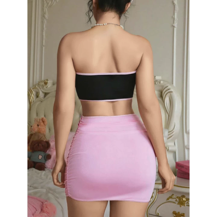 Kadın Pembe Etekli Fiyonk Detaylı Sexy Kostüm 8010
