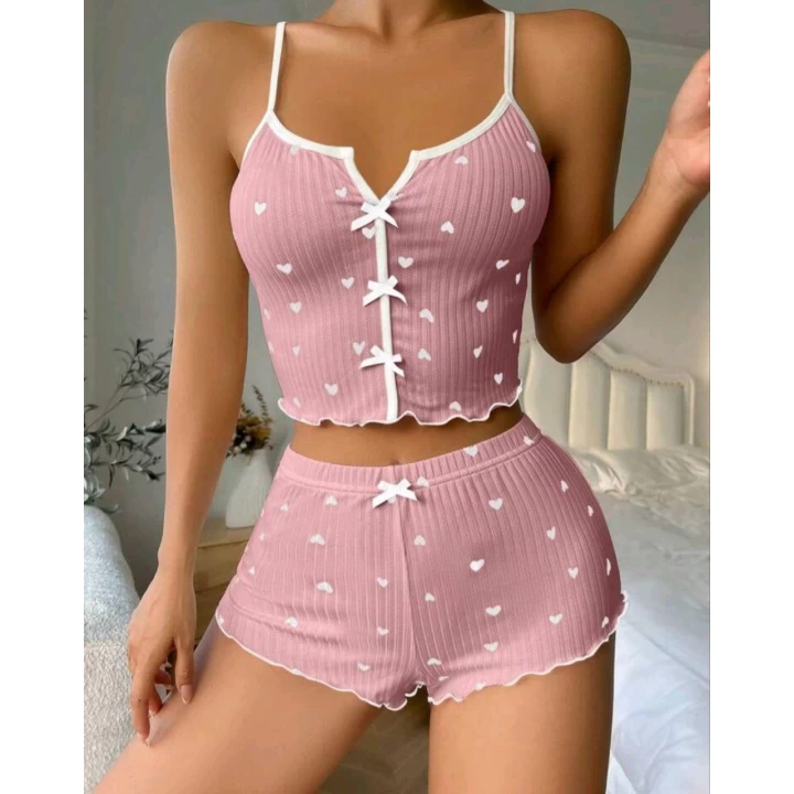 Kadın Pembe Kalpli Askılı Şortlu Pijama Takım 6654