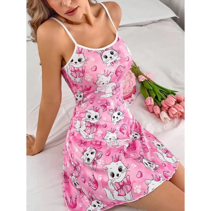Kadın Pembe Kedi Desenli Gecelik