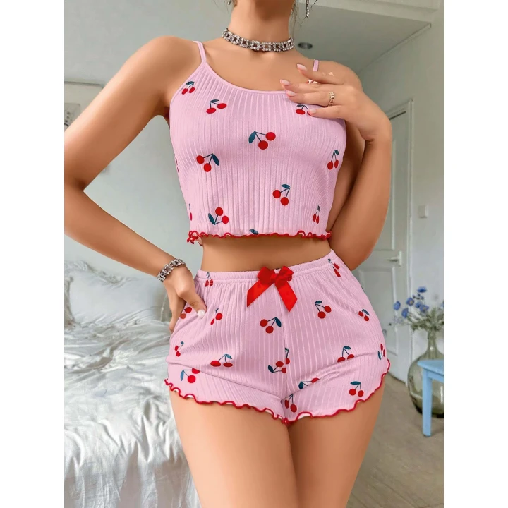Kadın Pembe Kiraz Desenli Askılı Şortlu Pijama Takım 6656