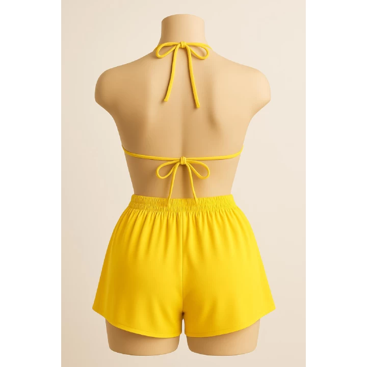 Kadın Sarı Şortlu Belden Ve Boyundan Bağlamalı Bikini Takımı