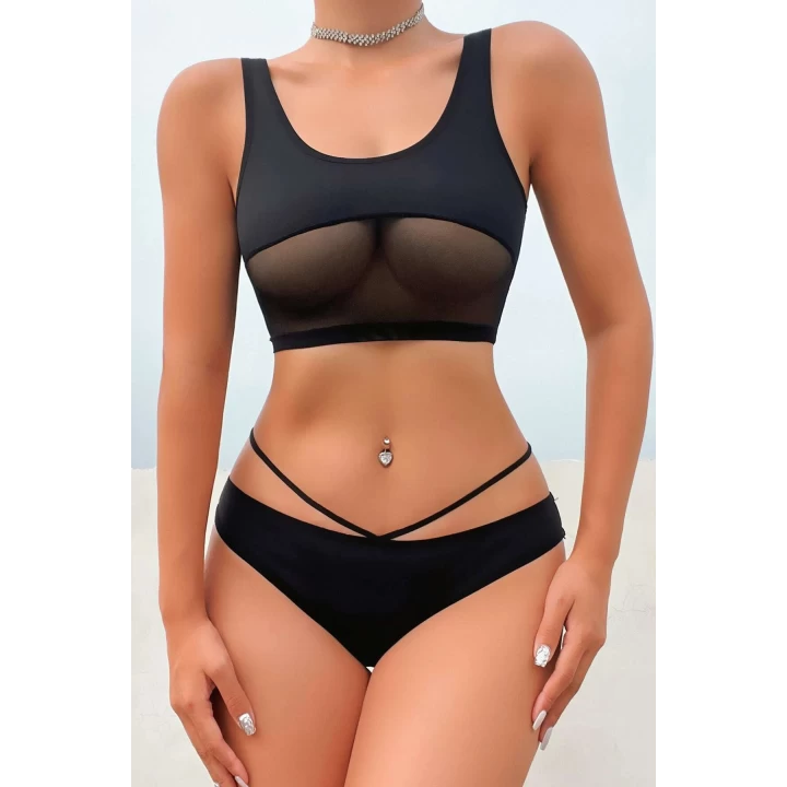 Kadın Siyah Çapraz Ip Detaylı Şık Bikini Takımı