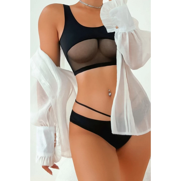 Kadın Siyah Çapraz Ip Detaylı Şık Bikini Takımı